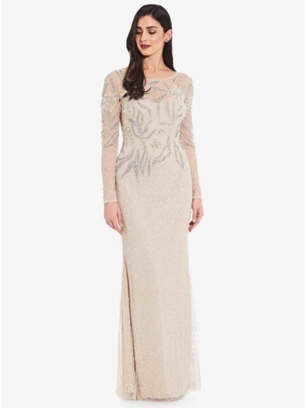NWT Adrianna Papell Beaded Long Maxi Dress in Biscotti
